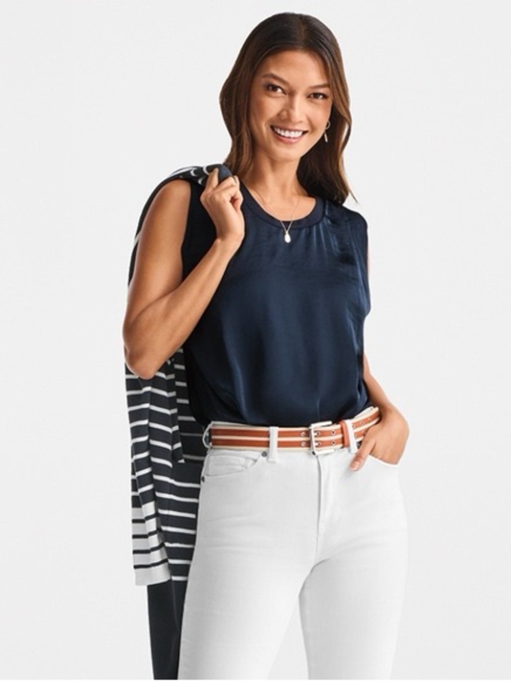 CAbi Complete Top Navy Sleeveless Satin Shell Top
